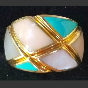Asch Grossbardt 14k Yellow Gold Ring Turquoise Coral MOP- Estate Jewelry 11g